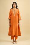Buy_Sheetal Batra_Orange Embroidery Split V-neck Neckline Kurta And Salwar Set _Online_at_Aza_Fashions