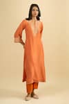Sheetal Batra_Orange Embroidery Split V-neck Neckline Kurta And Salwar Set _at_Aza_Fashions