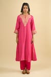 Sheetal Batra_Pink Embroidery, Zari Split V-neck Kurta Set _Online_at_Aza_Fashions