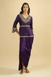 Buy_Prisho_Purple Embroidery, Beads, Tassels V-neck Peplum Kurta And Draped Skirt Set _at_Aza_Fashions