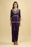Shop_Prisho_Purple Embroidery, Beads, Tassels V-neck Peplum Kurta And Draped Skirt Set _Online_at_Aza_Fashions