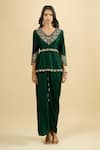 Prisho Emerald Green Embroidery, Zari, Tassels V-neck Peplum Kurta And Draped Skirt Set Online at Aza Fashions Prisho_Emerald Green Embroidery, Zari, Tassels V-neck Peplum Kurta And Draped Skirt Set _Online_at_Aza_Fashions