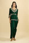 Prisho Emerald Green Embroidery, Zari, Tassels V-neck Peplum Kurta And Draped Skirt Set at Aza Fashions Prisho_Emerald Green Embroidery, Zari, Tassels V-neck Peplum Kurta And Draped Skirt Set _at_Aza_Fashions