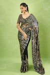 Nakul Sen_Black Silk, Chiffon Sequins Round Neck Printed Saree With Blouse _at_Aza_Fashions