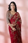 Nakul Sen_Red Silk, Chiffon Sequins, Zari, Embroidery V-, Scoop Saree With Blouse _Online_at_Aza_Fashions