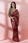 Nakul Sen_Red Silk, Chiffon Sequins, Zari, Embroidery V-, Scoop Saree With Blouse _at_Aza_Fashions