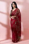 Buy_Nakul Sen_Red Silk, Chiffon Sequins, Zari, Embroidery V-, Scoop Saree With Blouse 