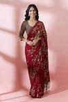 Buy_Nakul Sen_Red Silk, Chiffon Sequins, Zari, Embroidery V-, Scoop Saree With Blouse _at_Aza_Fashions