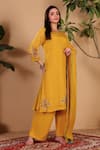 Buy_Sonali Methi_Mustard Organza Embroidery, Sequins Round Neck Hand Kurta Set _Online