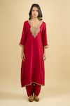 Sheetal Batra_Red Embroidery, Gota Patti V-neck Kaftan Set _at_Aza_Fashions