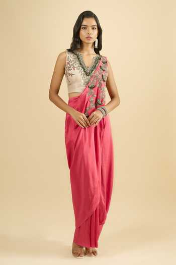 Prisho_Coral Embroidery, Beads, Sequins V-neck Blouse Draped Skirt Set _at_Aza_Fashions