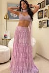 Shehlaa Khan_Lilac Tulle, Sequins, Embroidery, V-neck Floral Lehenga Set _Online_at_Aza_Fashions