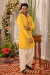 Histori_Yellow Cotton, Silk Cut Work, Beads, Diamonds, Mustard Tonal Kurta And Salwar Set _Online