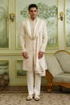 Buy_Millionaire_Cream Silk, Satin, Modal Embroidery Floral Sherwani Set _at_Aza_Fashions