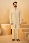 Buy_Millionaire_Beige Organza Embroidery, Cut Work, Stones Floral Sherwani Set _at_Aza_Fashions