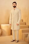 Millionaire_Beige Organza Embroidery, Cut Work, Stones Floral Sherwani Set _Online_at_Aza_Fashions