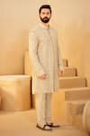 Buy_Millionaire_Beige Organza Embroidery, Cut Work, Stones Floral Sherwani Set _Online_at_Aza_Fashions