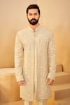Millionaire_Beige Organza Embroidery, Cut Work, Stones Floral Sherwani Set _at_Aza_Fashions