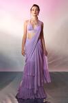 Buy_Anshika Tak Label_Purple Georgette Halter Neck, Layered Pre-draped Saree With Embroidered Blouse _Online_at_Aza_Fashions