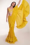 Buy_Anshika Tak Label_Yellow Crepe, Tussar, Silk Ruffles, Pre-draped Saree With Embellished Bralette _at_Aza_Fashions