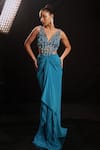 Buy_Anshika Tak Label_Teal Net, Crepe Beads, Sequins, Crystals V-neck Geometric Beadwork Draped Dress _at_Aza_Fashions