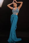 Anshika Tak Label_Teal Net, Crepe Beads, Sequins, Crystals V-neck Geometric Beadwork Draped Dress _Online_at_Aza_Fashions