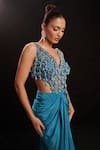 Buy_Anshika Tak Label_Teal Net, Crepe Beads, Sequins, Crystals V-neck Geometric Beadwork Draped Dress _Online_at_Aza_Fashions