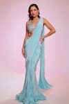 Buy_Anshika Tak Label_Blue Crepe, Net Mirrors, Beads, Sequins Embellished Blouse With Pre-draped Saree _at_Aza_Fashions