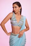 Anshika Tak Label_Blue Crepe, Net Mirrors, Beads, Sequins Embellished Blouse With Pre-draped Saree _Online_at_Aza_Fashions