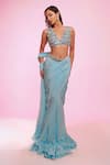 Buy_Anshika Tak Label_Blue Crepe, Net Mirrors, Beads, Sequins Embellished Blouse With Pre-draped Saree _Online_at_Aza_Fashions