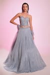 Buy_Anshika Tak Label_Blue Crepe, Net Beads, Stones, Sequins Embellished Corset Blouse Lehenga Set _at_Aza_Fashions