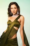 Buy_Anshika Tak Label_Olive Green Satin, Crepe Sweetheart Neck Pre-draped Saree With Corset _Online_at_Aza_Fashions