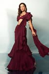 Buy_Anshika Tak Label_Wine Crepe Sweetheart Neck Ruffled Pre-draped Saree With Blouse _at_Aza_Fashions