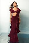 Buy_Anshika Tak Label_Wine Crepe Sweetheart Neck Ruffled Pre-draped Saree With Blouse _Online_at_Aza_Fashions