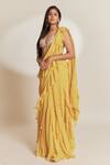 Buy_Anu Pellakuru_Yellow Georgette, Silk Beads, Pearls Plain Pre-draped Ruffle Saree Set _at_Aza_Fashions