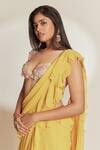 Buy_Anu Pellakuru_Yellow Georgette, Silk Beads, Pearls Plain Pre-draped Ruffle Saree Set _Online