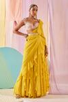 Anu Pellakuru_Yellow Georgette, Silk Beads, Pearls Plain Pre-draped Ruffle Saree Set 