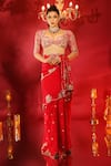 Buy_Anu Pellakuru_Red Silk, Satin Pearls, Resham Floral Embroidered Saree With Embellished Blouse _at_Aza_Fashions