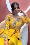 Anu Pellakuru_Yellow Silk, Modal Zari, Pearls V-neck Hand Embroidered Jacket And Palazzo Set _Online