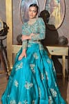 Shop_Anu Pellakuru_Blue Satin, Organza, Silk Zardozi Floral Embroidered Lehenga With Cut-out Blouse _Online