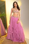 Shop_Anu Pellakuru_Purple Silk, Organza, Georgette Ruffle Lehenga Zardozi Embroidered Jacket Set 