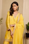 Shop_Neha Mehra_Yellow Chanderi Gota Patti, Zari, Embroidery, Piping V-neck Hand Kurta Set _Online_at_Aza_Fashions