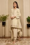 Neha Mehra_Beige Embroidery, Zari, Cut Work Round Neck, Button-down Hand Kurta Salwar Set _Online_at_Aza_Fashions