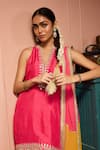 Shop_Neha Mehra_Pink Silk Embroidery, Zari Split V-neck Hand Raw Kurta Set _Online_at_Aza_Fashions