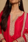 Neha Mehra_Red Silk Embroidery, Mirrors, Zari Split V-neck Hand Kurta Salwar Set _Online_at_Aza_Fashions