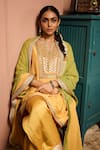Neha Mehra_Yellow Silk Embroidery, Mirrors, Zari, Sequins Split Hand Kurta Salwar Set _at_Aza_Fashions