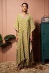 Buy_Neha Mehra_Green Crepe Embroidery V-neck Printed Kaftan And Pant Set _Online_at_Aza_Fashions