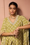 Neha Mehra_Green Crepe Embroidery V-neck Printed Kaftan And Pant Set _at_Aza_Fashions