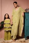 Shop_Neha Mehra_Green Crepe Embroidery V-neck Printed Kaftan And Pant Set 