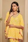Shop Neha Mehra Yellow Crepe Embroidery, Tassels V-neck Bandhani Print Kaftan And Pant Set Online at Aza Fashions Shop_Neha Mehra_Yellow Crepe Embroidery, Tassels V-neck Bandhani Print Kaftan And Pant Set _Online_at_Aza_Fashions